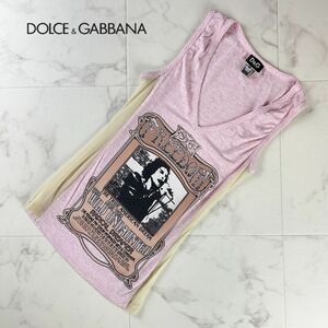 美品 Dolce & Gabbana ドルチェ&ガッバーナ デザインプリント Vネックノースリーブカットソー トップス レディース ピンク サイズ38*PC195