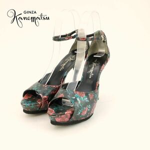  Ginza Kanematsu GINZA Kanematsu 23.5 pumps heel open tu ankle strap floral print leather black black /PC124