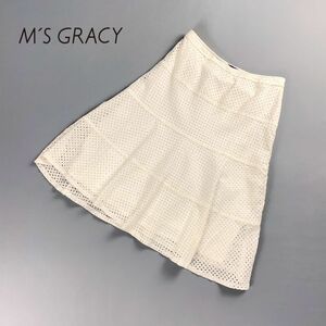 M'S GRACY エムズグレィシー 総柄フレアスカート サイドジップ 膝丈 裏地あり 白 ホワイト サイズ38*PC1110