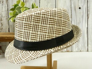 STRAW HAT　編み込み スクエアーチェック ブラウン 男女OK　送料\350　ストロー　メンズ　レディース