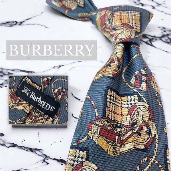 希少 美品 BURBERRY バーバリー ネクタイ ノバチェック 総柄 ネイビー ゴールド 光沢 高級