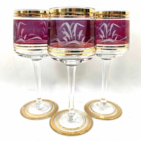 【ボヘミアガラス】リキュールグラス　3客セット　チェコスロバキア　カリガラス