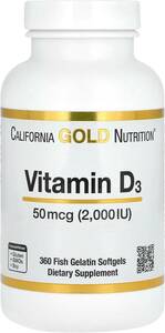California Gold Nutrition, витамин D3,50mcg(2,000IU), рыба желатин soft гель 360 шарик 