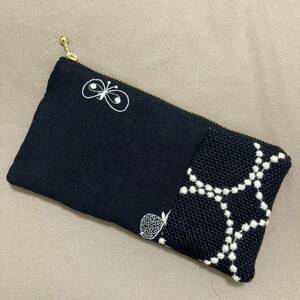 ミナペルホネン ハンドメイド　choucho tambourine anemone ポーチ　navy 