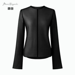 ユニクロ×マメクロゴウチ　シアークルーネックTシャツ　ブラック(XL)(長袖)美品　コラボ/メッシュ/透け感