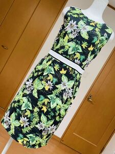  Vivayou (VIVA YOU) floral print pattern no sleeve One-piece M beautiful used black × light green / knees height /botanikaru