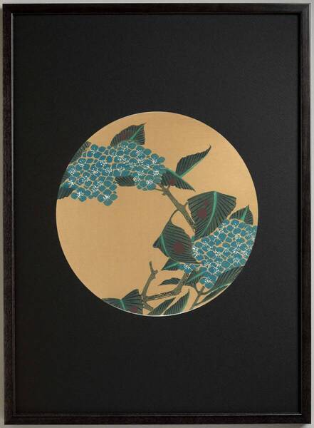 真作保証 若冲用丸窓額入り 伊藤若冲 格天井花画 木版画 紫陽花 初版 明治期 若冲の晩年の作品を木版画で楽しむ!!