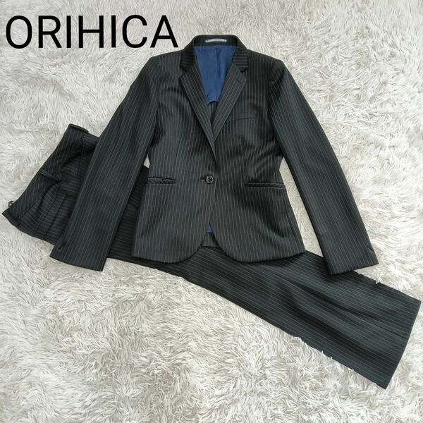 ORIHICA オリヒカ パンツスーツ 上下セット セットアップ 9号 M ジャージ素材 ストレッチ ストライプ