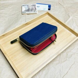 [ rice field middle leather .] blue × red compact purse epi leather Zippy wallet round fastener cow leather 1 jpy coin case men's purse with translation 
