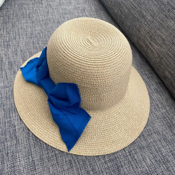 ハット 麦わら帽子 ペーパーブレード ナチュラル 帽子 日除け 紫外線対策 シンプル リボン ブルー