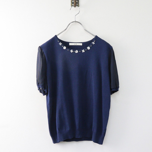  large size ef-de ef-de flower biju- blouse 15/ navy tops short sleeves [2400013872706]