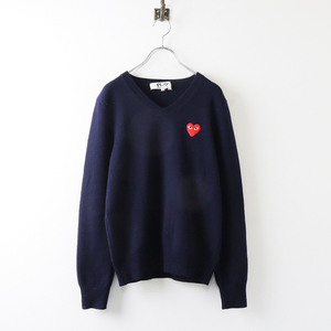 プレイコムデギャルソン PLAY COMME des GARCONS ハートワッペン Vネックニット M/ネイビー ウール セーター【2400013878265】