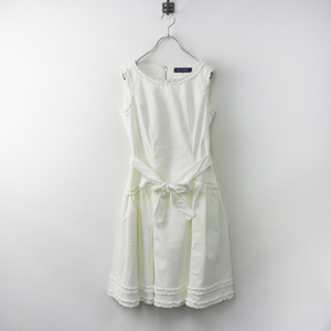 美品 エムズグレイシー M'S GRACY ピコフリルノースリーブワンピース 40/ホワイト コットン ドレス フレア ギャザー【2400013881098】