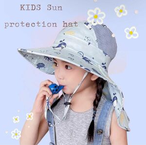 キッズ 帽子 日よけ 女の子 男の子 ハット 海 サファリハット ブルー 日焼け防止 UVカット 紫外線対策 