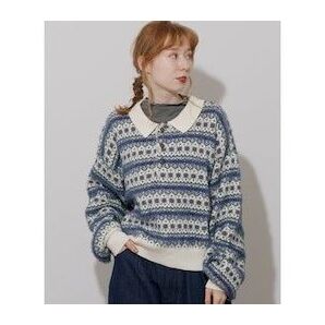 ニット・セーター ジャガードポロ衿ニット/ダブルネー(DOUBLENAME) キナリ セーター ニット ニットセーター 長袖