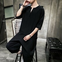 残りわずか　新品 2色 上下セット 綿麻 リネン スリット Tシャツ 七分丈 セットアップ 2XL ハーフパンツ ゴム　即購入OK　【値下げ不可】_画像6