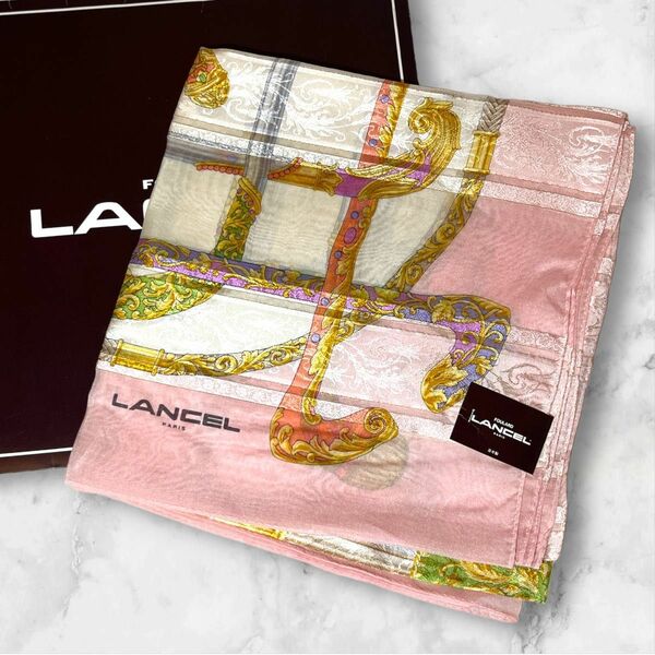 【未使用★タグ付】LANCEL スカーフ シフォン ピンク ラメ糸 シルク タッセル柄