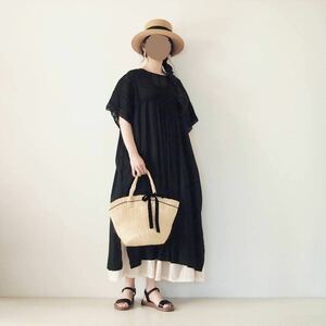 CRAFT STANDARD BOUTIQUE＊インドコットンレーヨンはしごレースゆったりワンピース 黒 クラフトスタンダードブティック＊