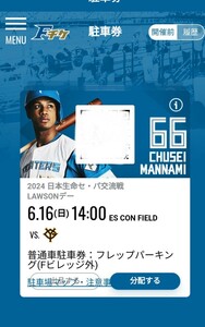  Japan ham Fighter z6/16[ Sunday ] ESCON FIELD parking ticket :es navy blue field : Hokkaido ball park 