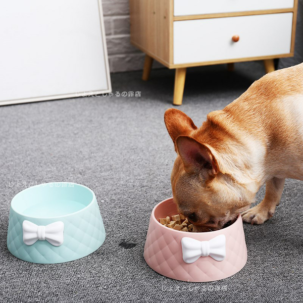 【ピンク+ミント】3Dリボン 猫犬 ペット用餌入れ フードボウル 水 餌皿 2点