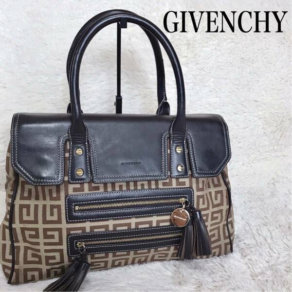 【希少】GIVENCHY ハンドバッグ キャンバス レザー ブラウン フリンジ モノグラム ジバンシー トートバッグ