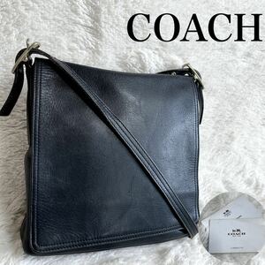  rare Old Coach men's flap all leather shoulder bag black lady's unisex 