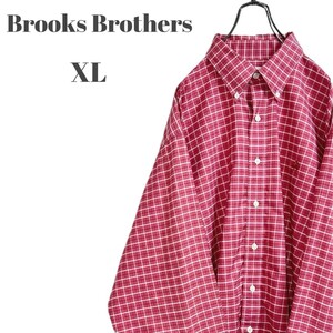 Brooks Brothers ブルックスブラザーズ 長袖ボタンダウンシャツ 刺繍ロゴ レッド チェック メンズ XLサイズ