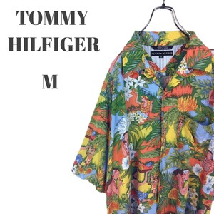 TOMMY HILFIGER トミーヒルフィガー 半袖 アロハシャツ オープンカラー フラッグ刺繍ロゴ入り胸ポケット付き 総柄 メンズ Mサイズ