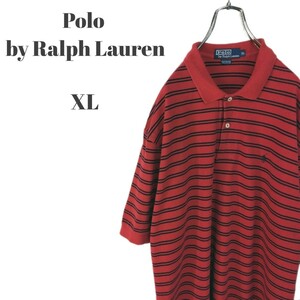 Polo by Ralph Lauren ポロバイラルフローレン 半袖ポロシャツ メンズ XLサイズ 紺ポニー刺繍ロゴ レッド×ネイビー ボーダー