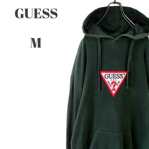 GUESS ゲス プルオーバー パーカー ビッグロゴ 刺繍ワッペン ダークグリーン メンズ Mサイズ