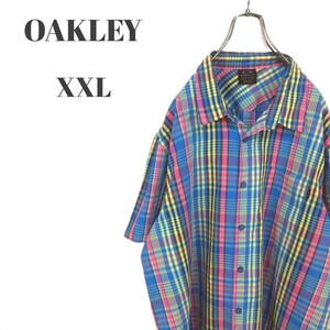 OAKLEY オークリー 半袖シャツ ブルー系 マルチ配色 チェック 大きいサイズ メンズ XXLサイズ