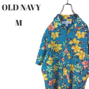 OLD NAVY オールドネイビー 半袖ボタンダウンシャツ アロハ ブルー系 花柄 メンズ Mサイズ