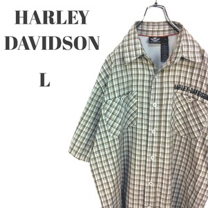 HARLEY DAVIDSON ハーレーダビッドソン 半袖シャツ 刺繍ロゴ ワッペン ベージュ系 他 チェック メンズ Lサイズ
