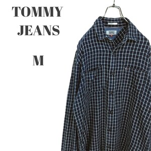 TOMMY JEANS トミージーンズ 長袖シャツ フラッグ刺繍 ネイビー系 チェック メンズ Mサイズ