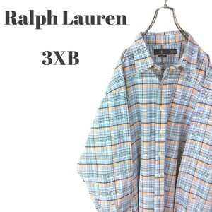 Ralph Lauren ラルフローレン 長袖BDシャツ ワンポイントロゴ ポニー刺繍 ライトブルー 他 チェック 大きいサイズ メンズ XXXLサイズ