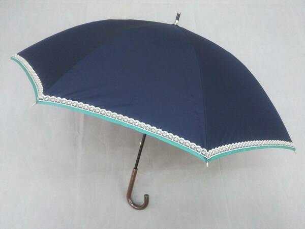 晴雨兼用　日傘　長傘（手開き）　遮光遮熱レース　紺×裏グリーン　新品