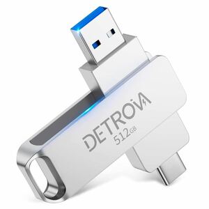 DETROVA USBメモリ 512GB 2in1 USB&Type-C メモリー フラッシュメモリ 外付け 容量不足解消 小型 360度回転式 スマホ用 Mac Windows PC