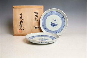  old Imari blue and white ceramics .. purple . flower . plate one against tree box . Edo era (B850)