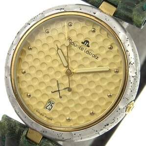 1円 稼働 モーリスラクロア MAURICE LACROIX クオーツ デイト ゴールド文字盤 SS×レザー ボーイズ 腕時計の画像3