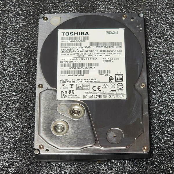 【送料無料】TOSHIBA DT01ACA300 3000GB/3TB 3.5インチ内蔵HDD 2019年製 フォーマット済み 正常品 PCパーツ 動作確認済
