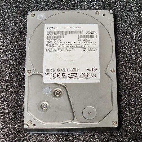 【送料無料】Hitachi HDT721010SLA360 1000GB/1TB 3.5インチ内蔵HDD 2009年製 フォーマット済み 正常品 PCパーツ 動作確認済