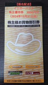 【匿名配送】イエローハット　株主優待券　3000円分（2024年12月31日迄）