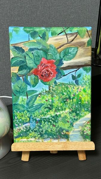 「薔薇園の道」　手描き　油絵　風景画　原画