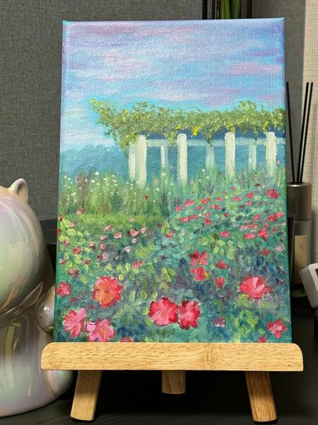 「薔薇園」　手描き　油絵　風景画　原画