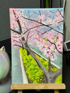 「桜と菜花」　 手描き　油絵　風景画　原画