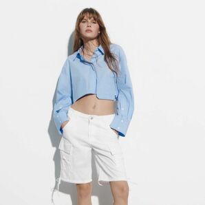 新品未使用品 ZARA クロップドポプリンシャツ S ストライプ 青 白