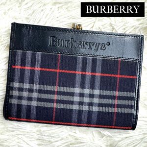 希少品 / BURBERRY バーバリー がま口ノバチェックコンパクトウォレット 二つ折り財布 キャンバス レザー ネイビー