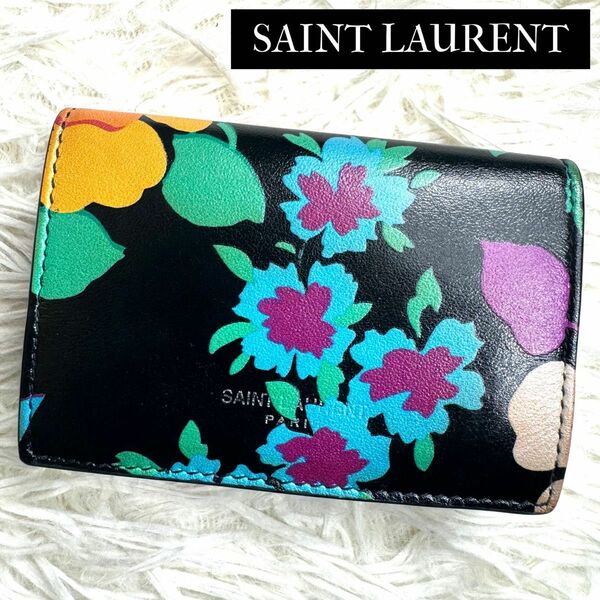 希少品 / YSL サンローラン フラワープリントトリフォールドウォレット 三つ折り財布 ブラック 花柄 マルチ 678272