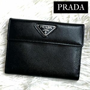 極美品 / PRADA プラダ サフィアーノトライアングルコンパクトウォレット 二つ折り財布 サフィアーノレザー ブラック