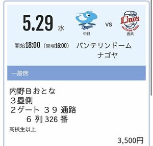 交流戦　5月29日　中日ドラゴンズvs埼玉西武ライオンズ　バンテリンドーム　3塁側内野B指定席